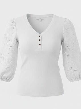 LOFT White Ribbed V-Neck Henley Top